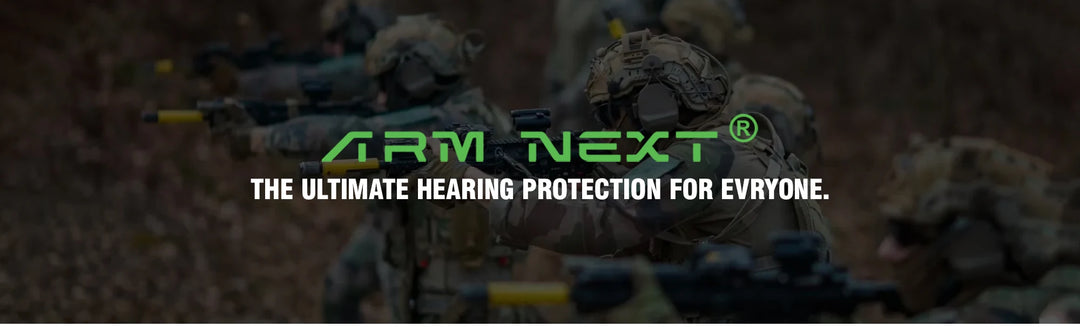 Soldiers in camouflage with 'Arm Next' hearing protection equipment on a dark background