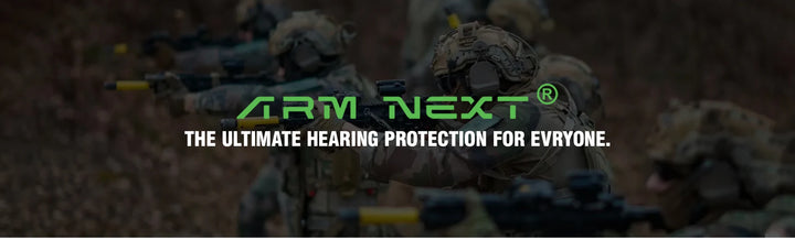 Soldiers in camouflage with 'Arm Next' hearing protection equipment on a dark background
