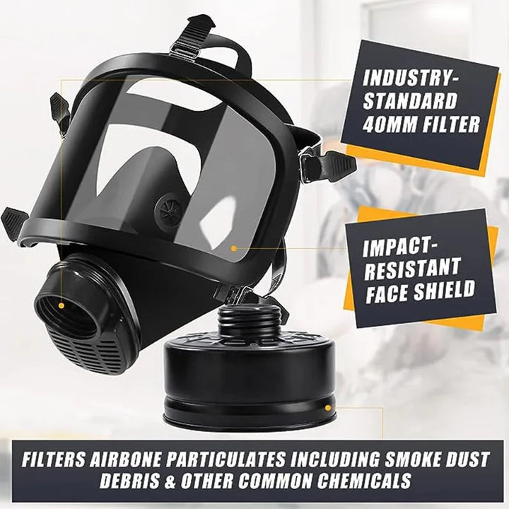 Black gas mask with filter and face shield on a white background MF14 Type Gas Mask