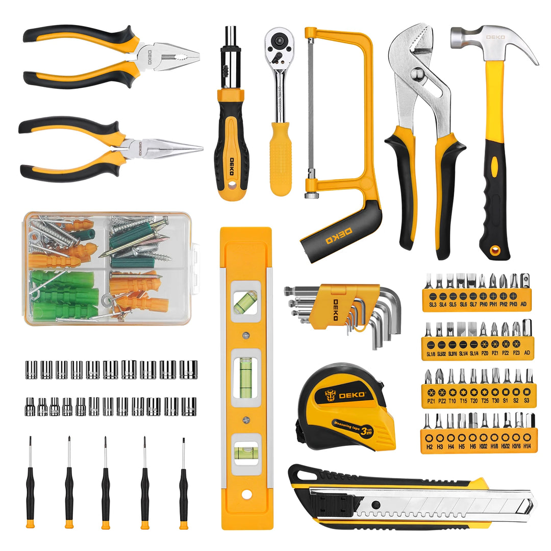 Collection of various tools including pliers, wrenches, and screwdrivers on a white background