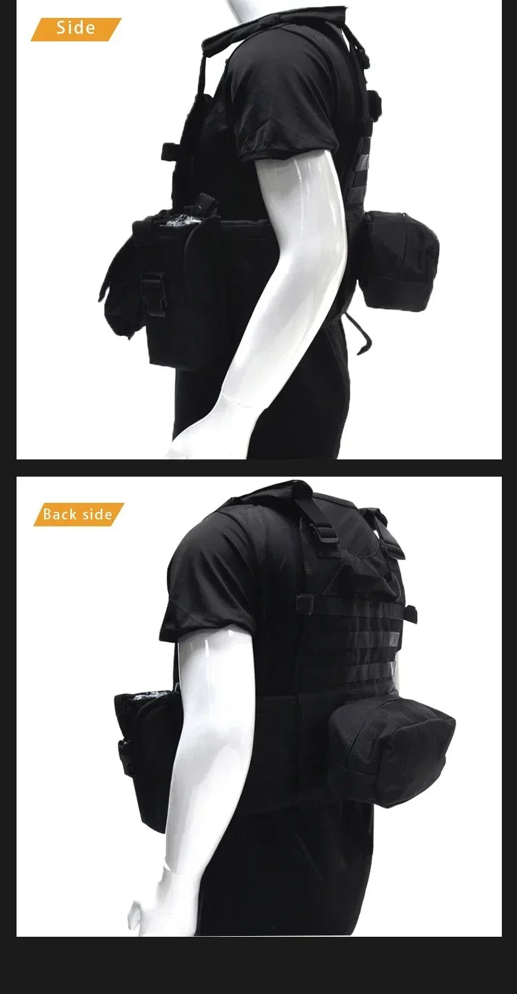 Black tactical vest shown from side and back views on a mannequin.