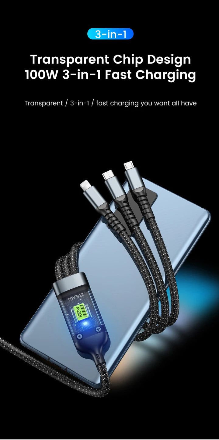 SmartGearPros SmartGearPros 3-in-1 100W Fast Charging Cable – USB C, Micro USB & Lightning with Transparent LED Chip for Samsung, iPhone, Huawei & More