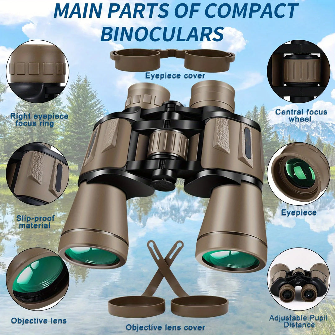 Compact binoculars with labeled parts on a scenic background