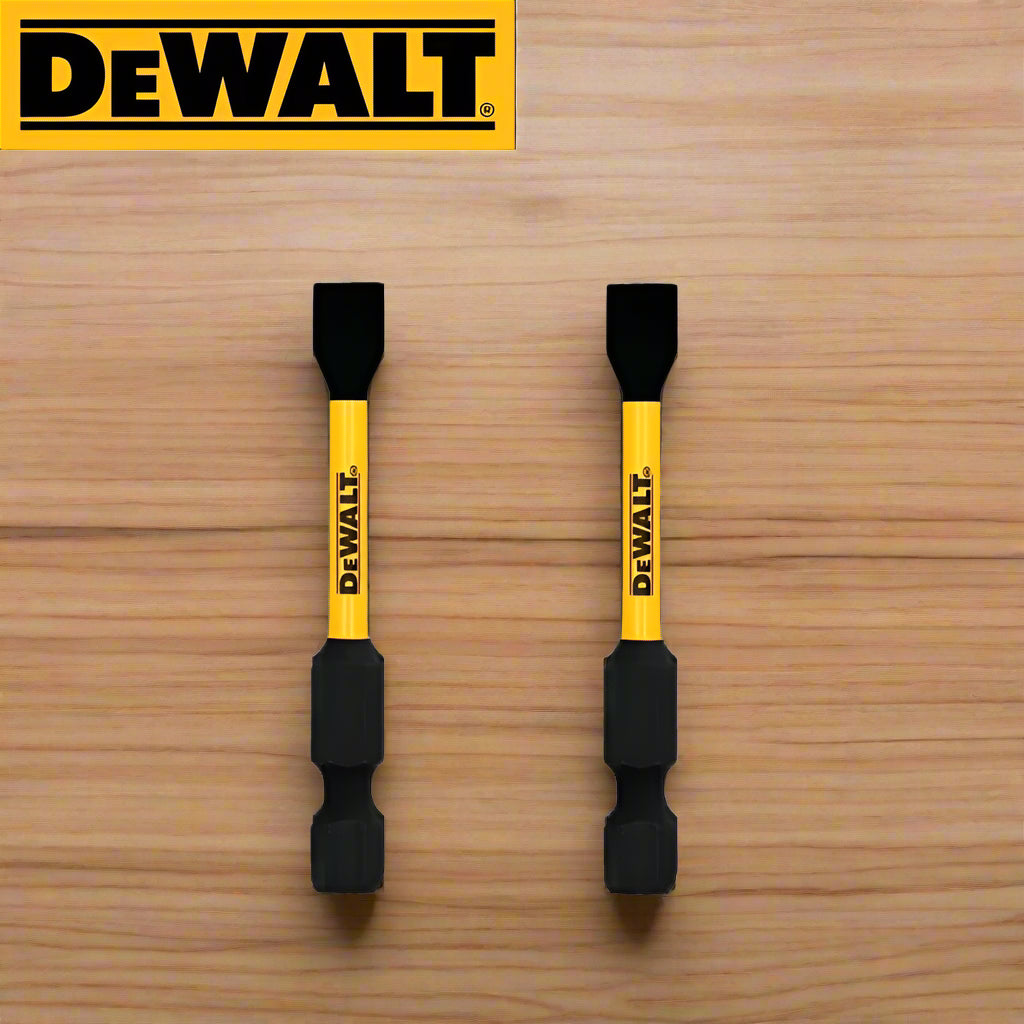 Two flathead DEWALT impact driver bits laid side by side