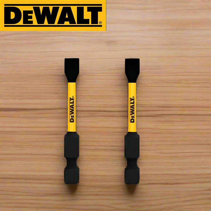 Two flathead DEWALT impact driver bits laid side by side