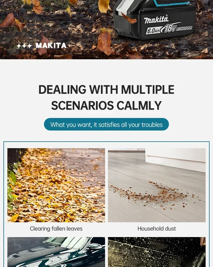 Makita leaf blower with text 'Dealing with multiple scenarios calmly' and images of using it to clear leaves and dust.