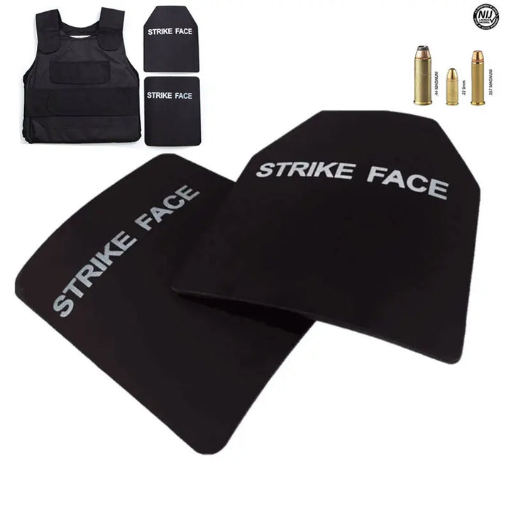 Black protective gear with 'Strike Face' text, including a vest and two plates, on a white background.
