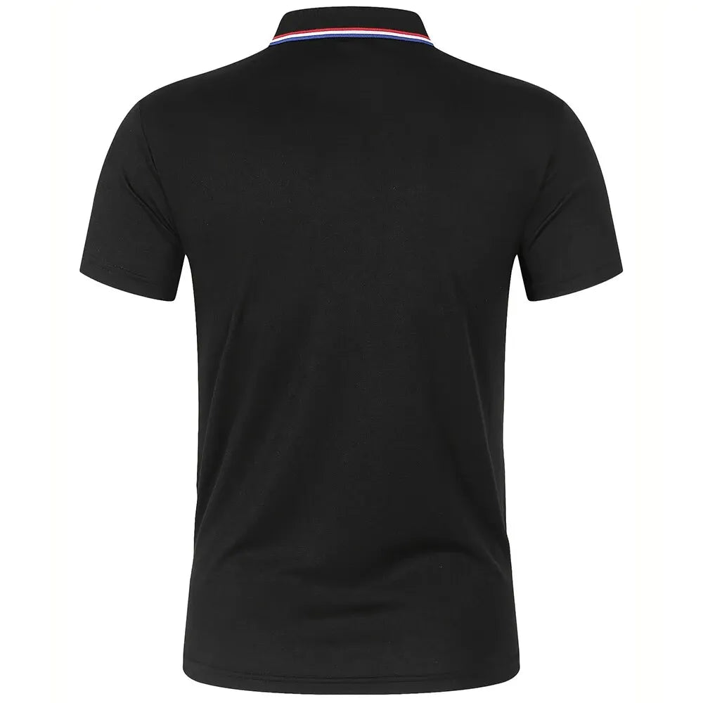 Back view of SmartGearPros Men's breathable polyester polo shirt in black with a button collar.