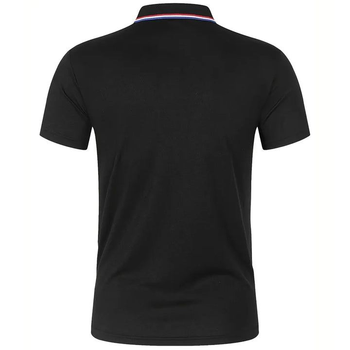 Back view of SmartGearPros Men's breathable polyester polo shirt in black with a button collar.