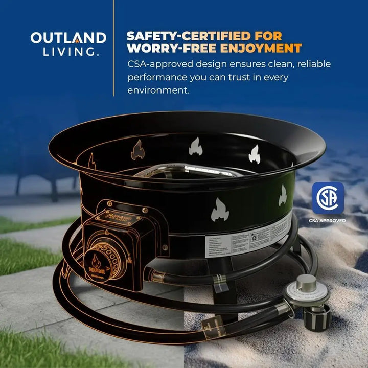 Black outdoor fire pit with CSA approval logo on a blurred natural background