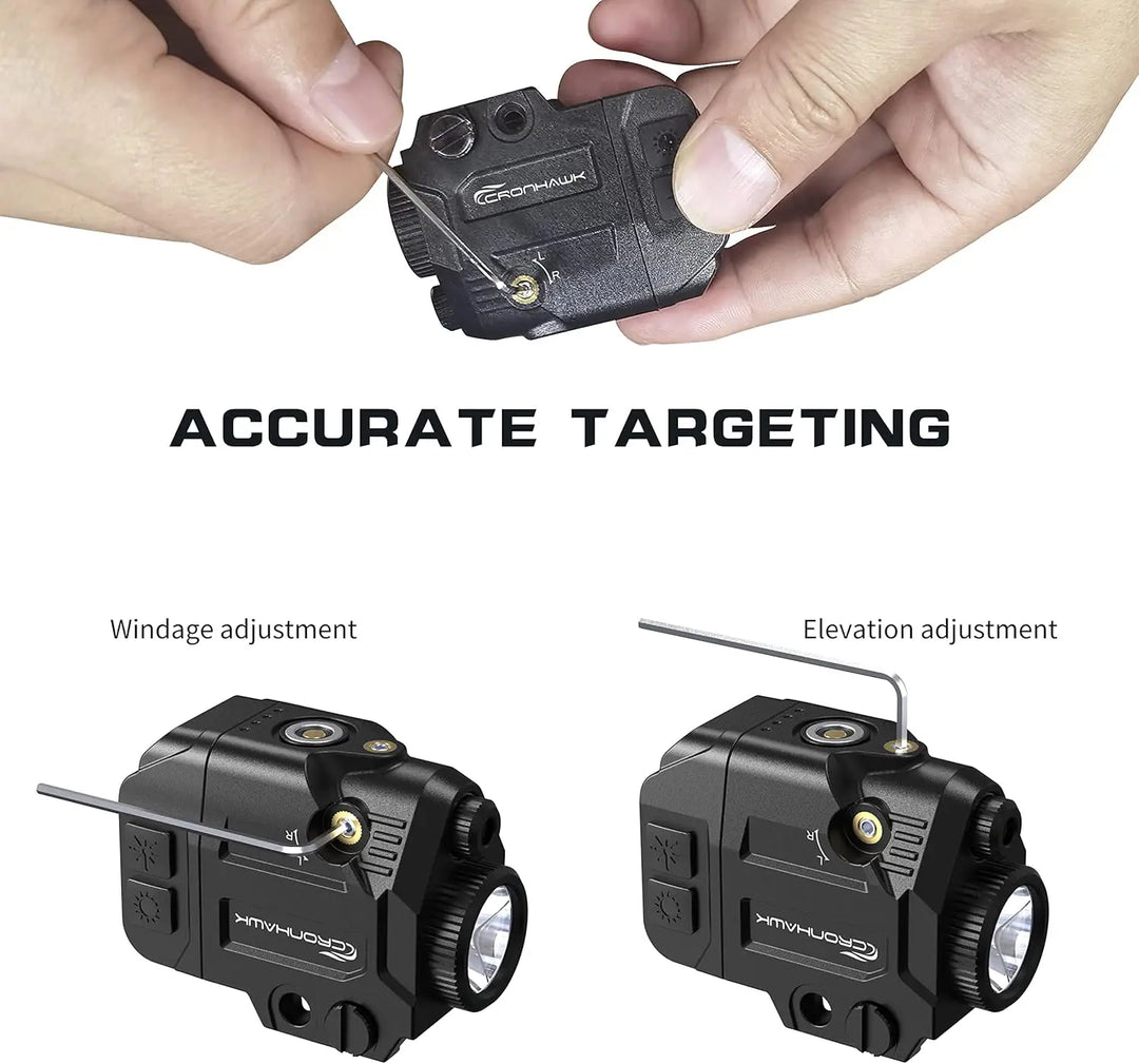 Hand holding a tactical light with adjustable features on a white background
