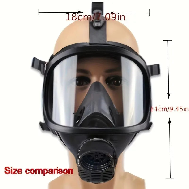 Black full-face mask with clear visor on a mannequin head, showing size comparison measurements.