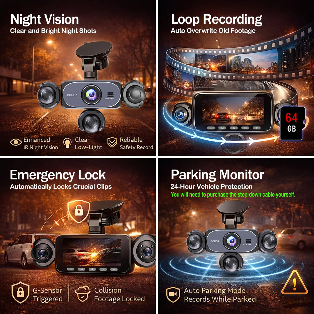 BCUOZ Multi-Camera Dash Cam – 1080P Front/720P Auxiliary