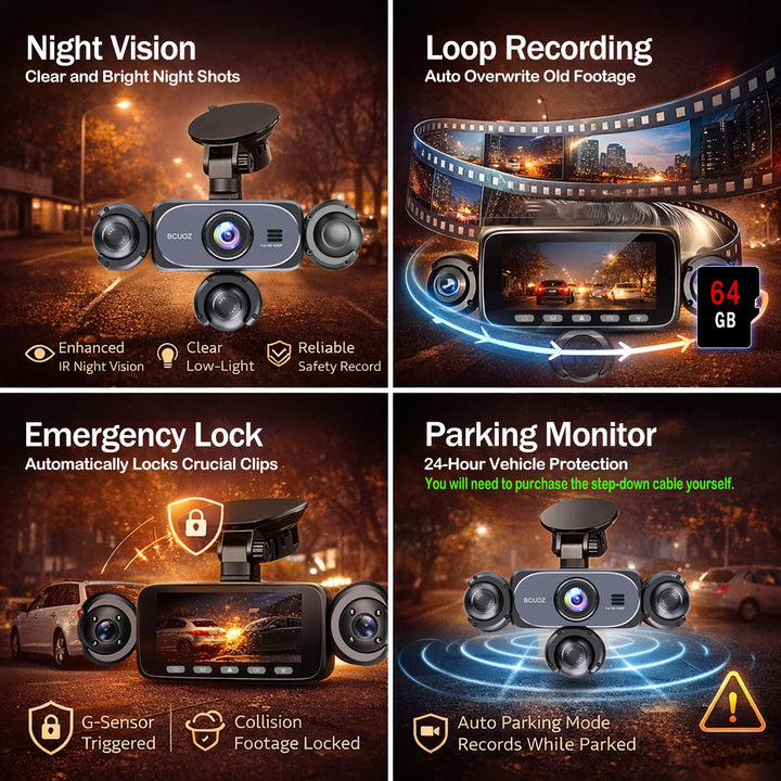 BCUOZ Multi-Camera Dash Cam – 1080P Front/720P Auxiliary