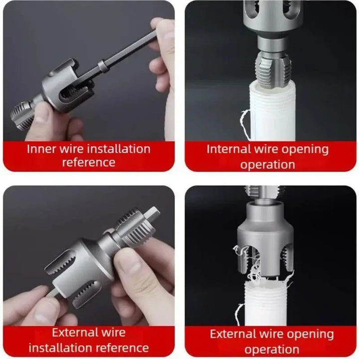 Step-by-step guide on installing and opening wires with a tool.