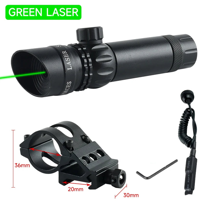 Tactical scope with green laser and mounting bracket on a white background