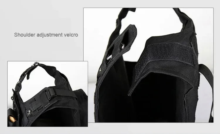 Black tactical backpack with shoulder adjustment velcro on a white background