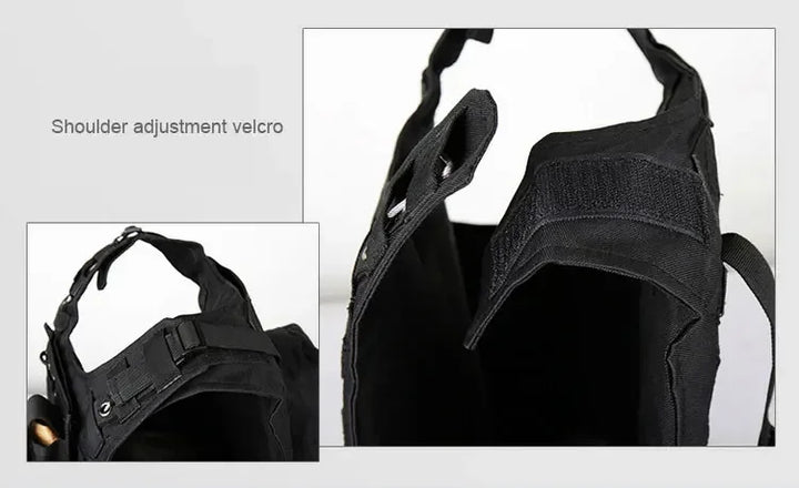 Black tactical backpack with shoulder adjustment velcro on a white background