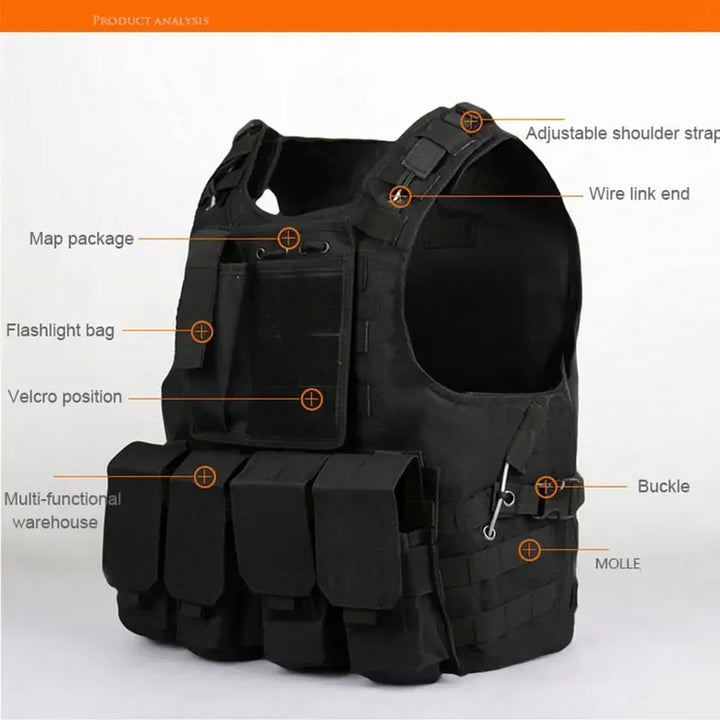 Black tactical vest with labeled features on a white background