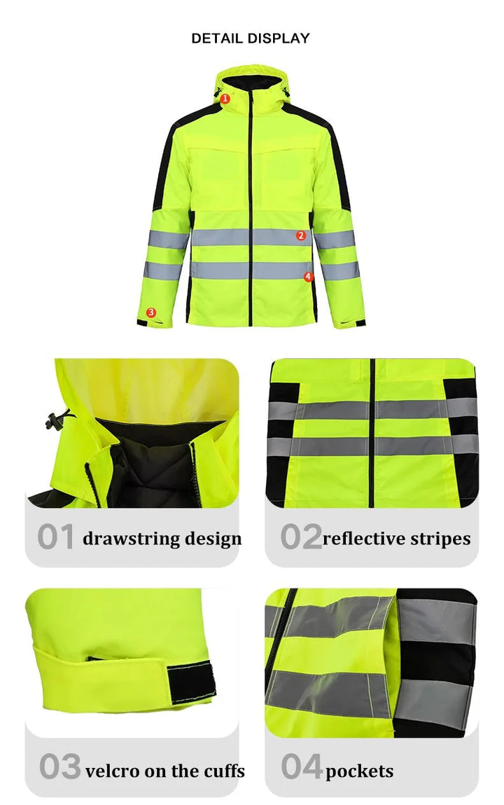 High-visibility safety jacket with reflective stripes, drawstring design, and pockets on a white background.