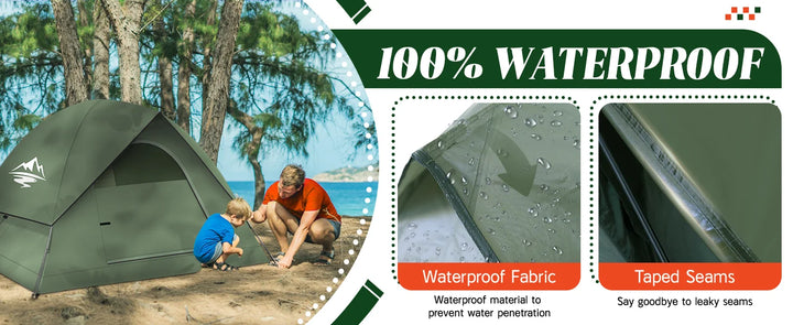 Green camping tent with family by lake, waterproof features highlighted