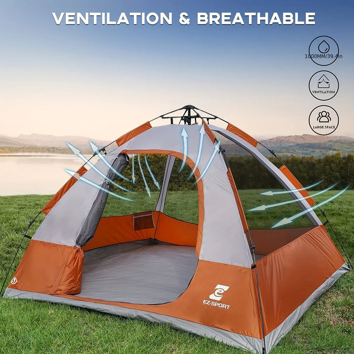 Orange and gray tent with ventilation features on a grassy field