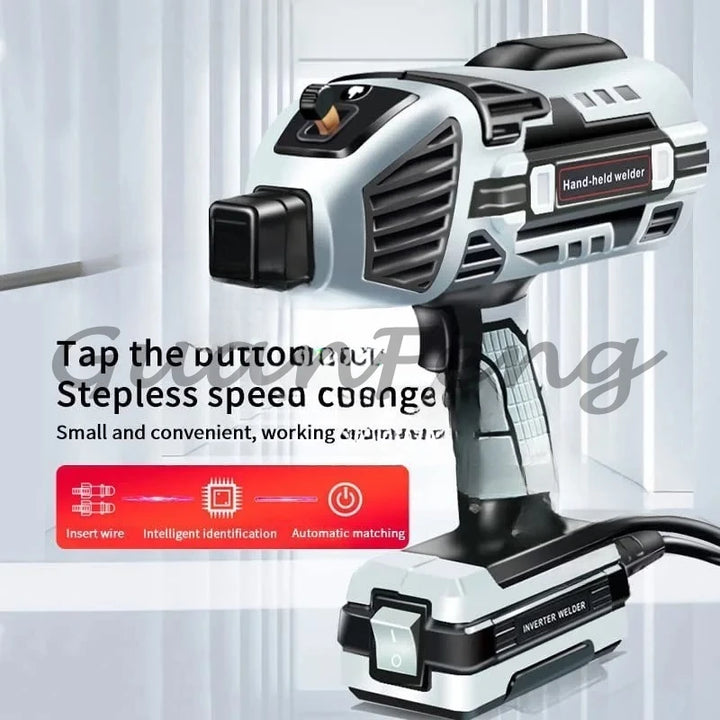 Handheld welder with text on a white background