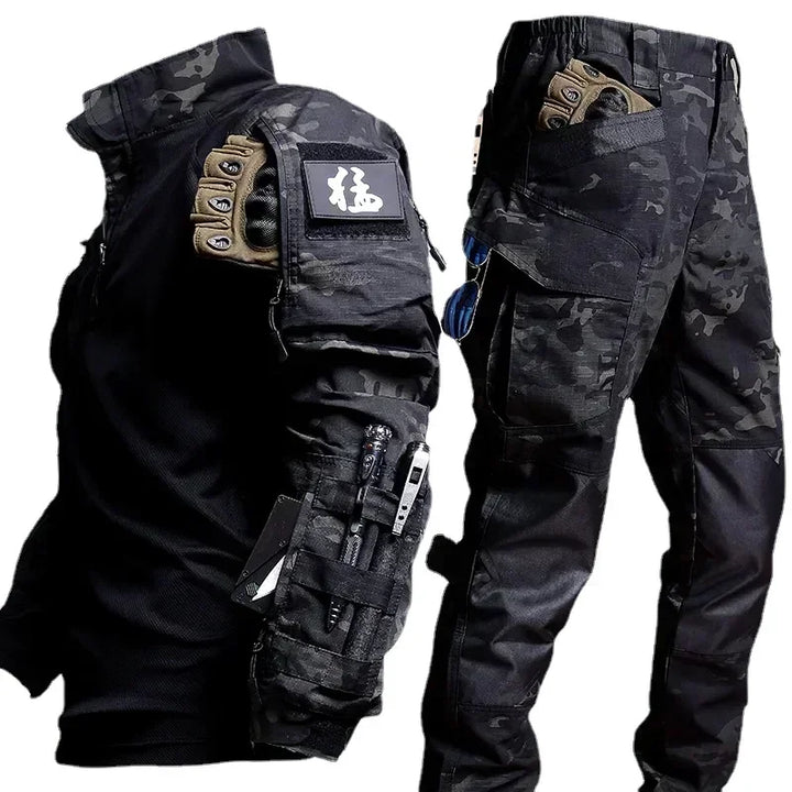 Black tactical pants with multiple pockets and patches on a white background
