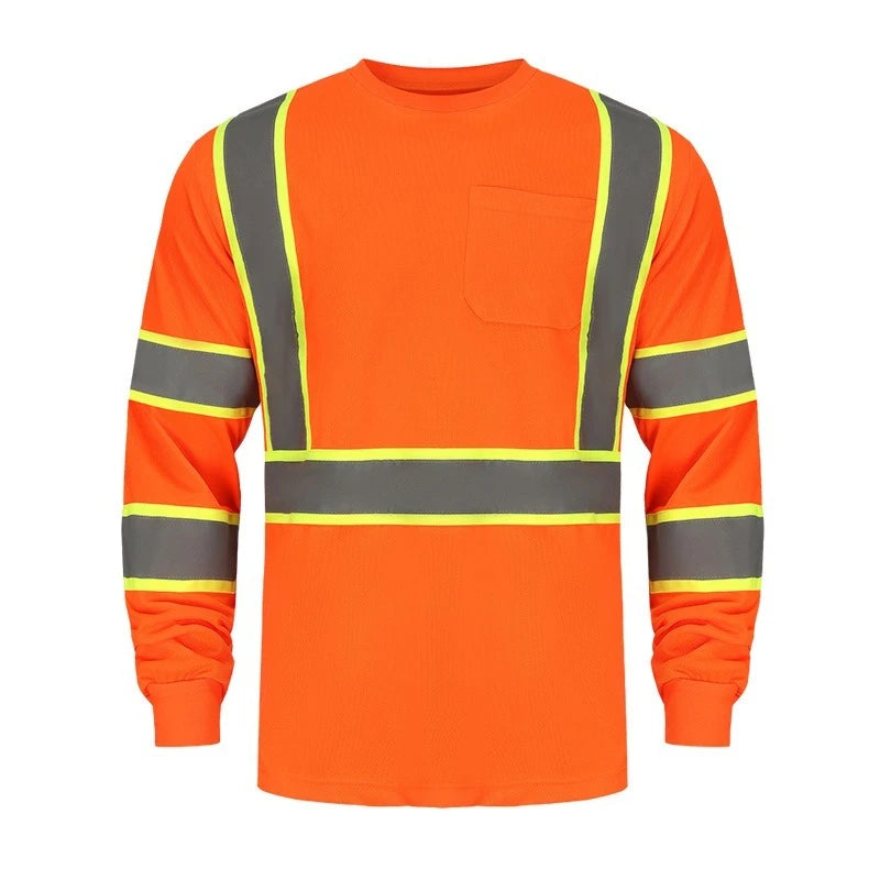 Orange long-sleeve shirt with reflective stripes on a white background