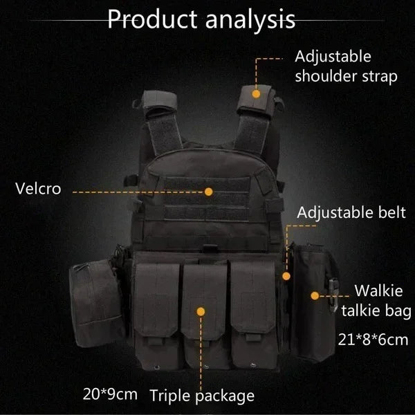 Tactical vest with labeled features on a black background
