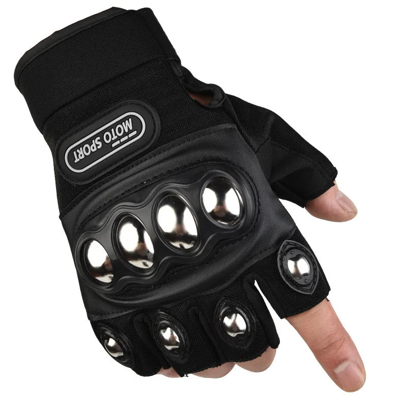 Black motorcycle glove with metal accents on a white background
