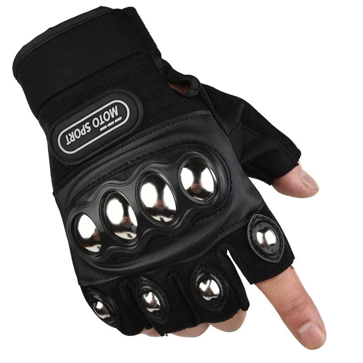 Black motorcycle glove with metal accents on a white background