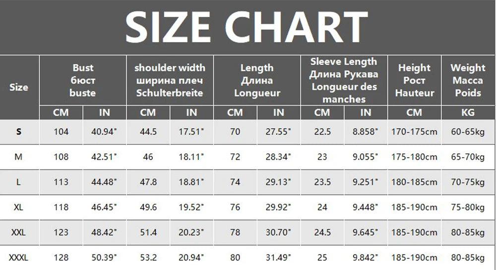 Size chart for clothing measurements in centimeters and inches