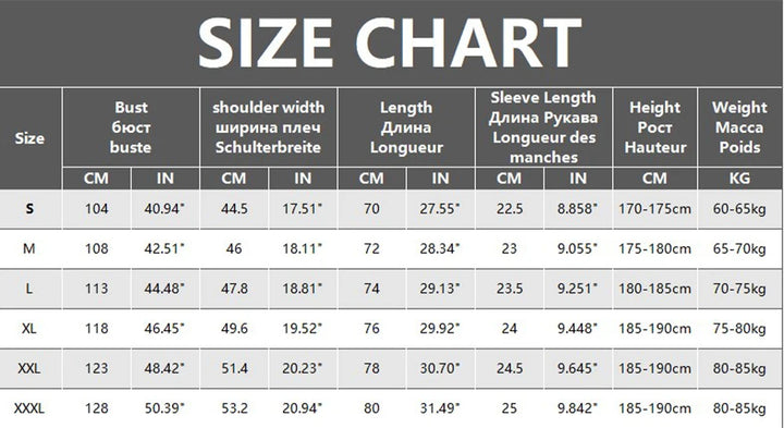 Size chart for clothing measurements in centimeters and inches