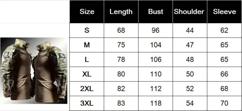 Size chart for jackets with measurements in centimeters