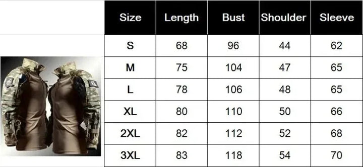 Size chart for jackets with measurements in centimeters