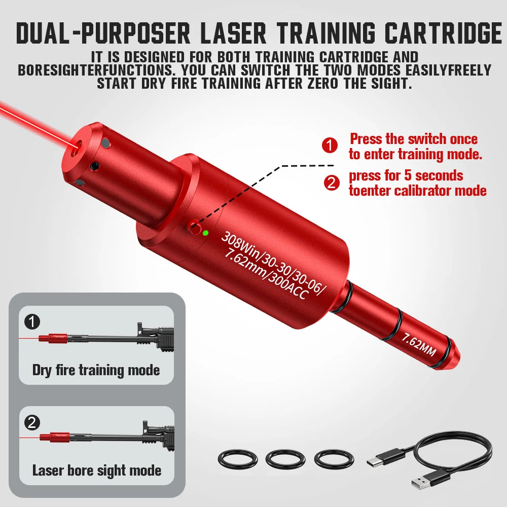 Red dual-purpose laser training cartridge with instructions on a white background