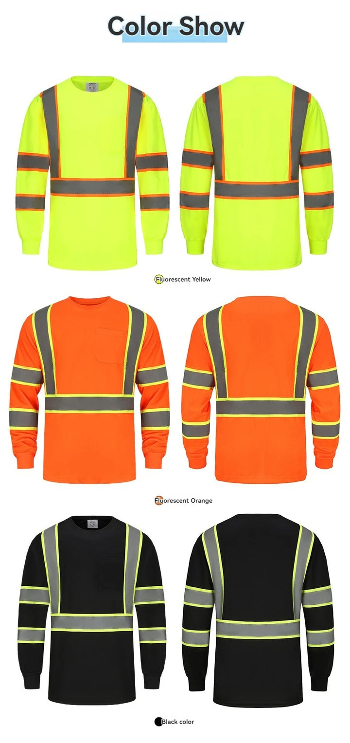 Three long-sleeve shirts in different colors with reflective stripes on a white background.