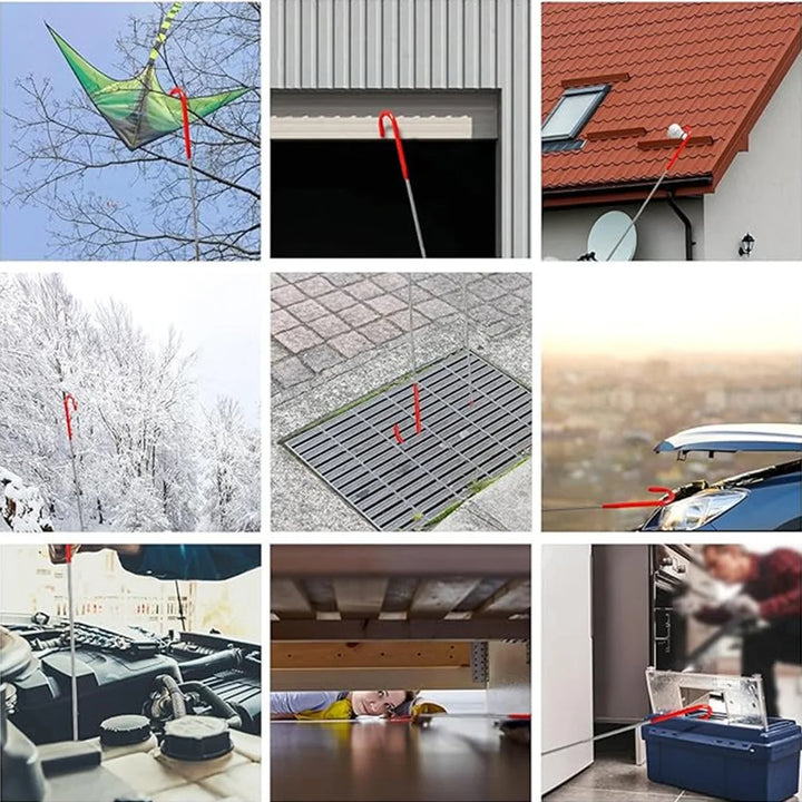 Collage of various uses for a red tool or device in different settings.