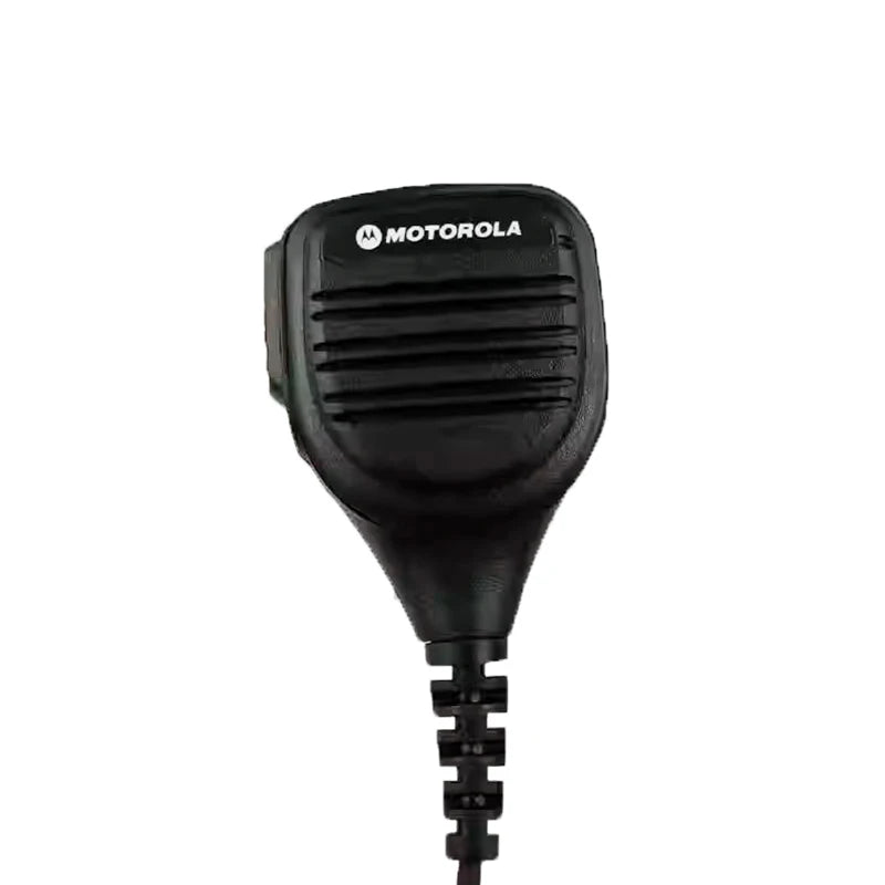 Black Motorola microphone on a white background