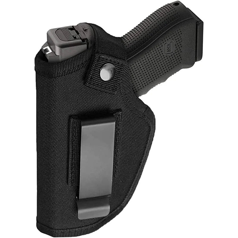 Black gun holster with a gun inside on a white background