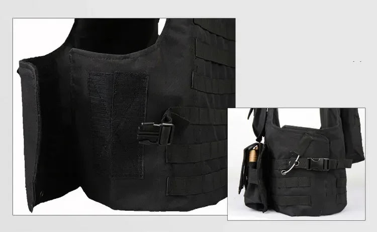 Black tactical vest with multiple pockets and a shoulder bag on a white background