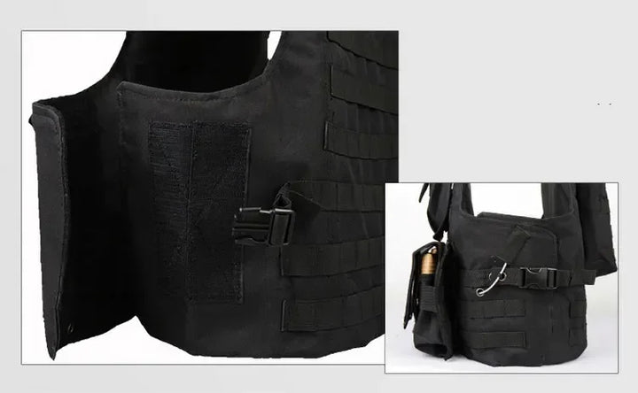 Black tactical vest with multiple pockets and a shoulder bag on a white background