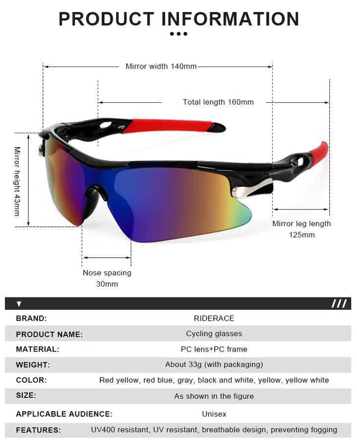 Riderace Sports Men Sunglasses Road Bicycle Glasses Mountain Cycling Riding Protection Goggles Eyewear Mtb Bike Sun Glasses product image showing features or usage