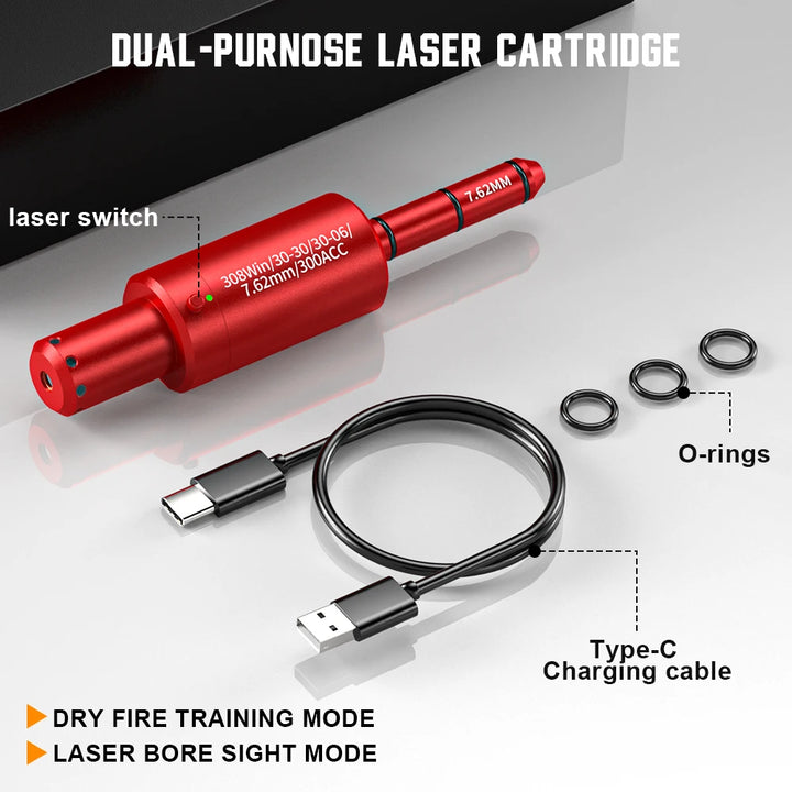 Red laser cartridge with components and features labeled on a white background