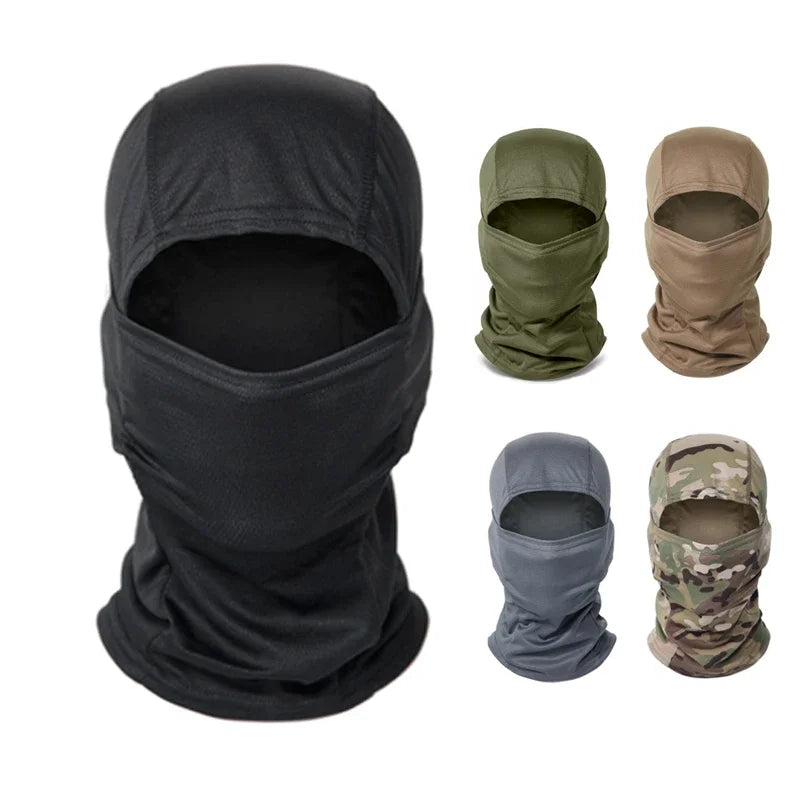 Set of six balaclavas in black, green, brown, gray, and camouflage colors on a white background.