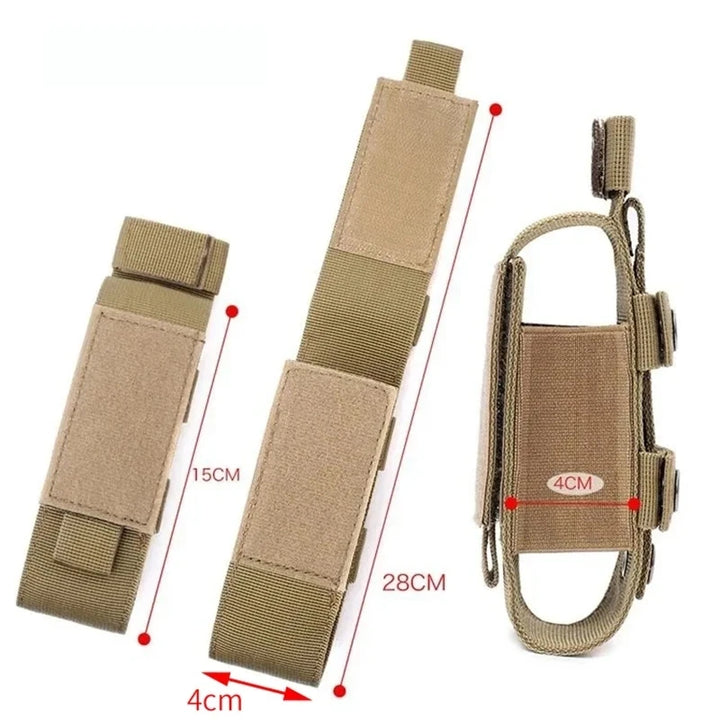 Tactical pouches with measurements on a white background