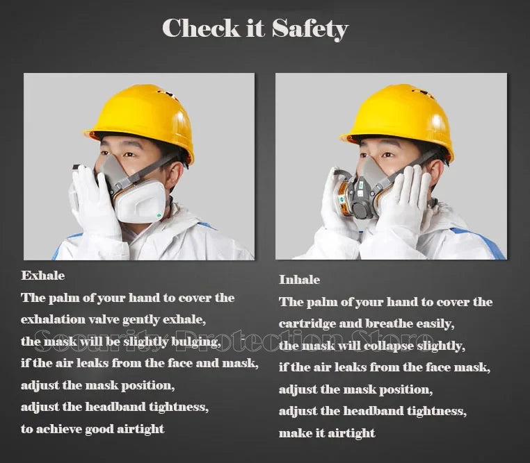 17-in-1 6200 Gas Mask Two images of a person wearing a yellow hard hat and white gloves with a gas mask on a gray background, with text instructions on how to check the mask's airtightness.