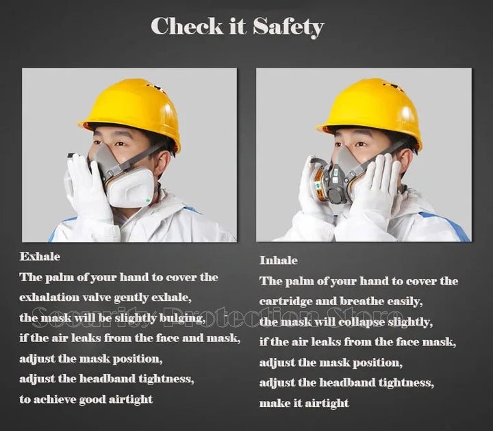 17-in-1 6200 Gas Mask Two images of a person wearing a yellow hard hat and white gloves with a gas mask on a gray background, with text instructions on how to check the mask's airtightness.