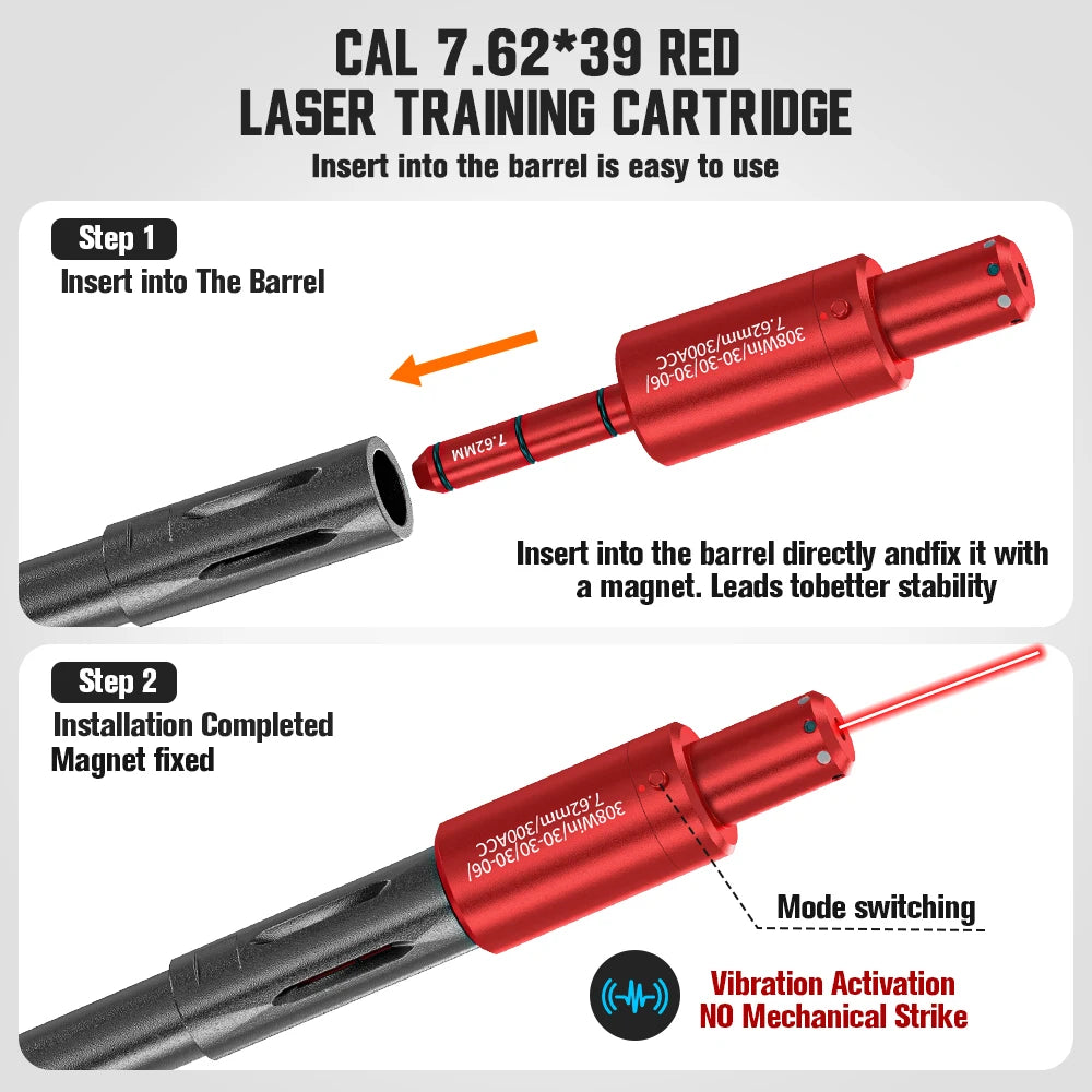Red laser training cartridge with installation steps on a gray background
